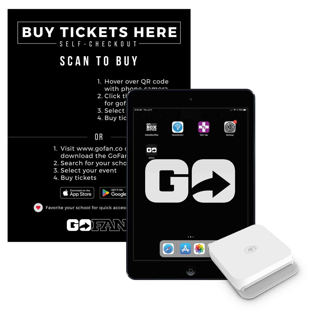 GoFan Box Office Kit (1- bundled device package) BEST VALUE. Includes 6 GoFan Self-Checkout Signs (without the stand).
